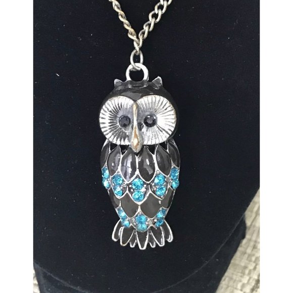 Owl Pendant Necklace Silver‎ Tone Black Blue Rhinestone Chain Jewelry - Picture 1 of 3